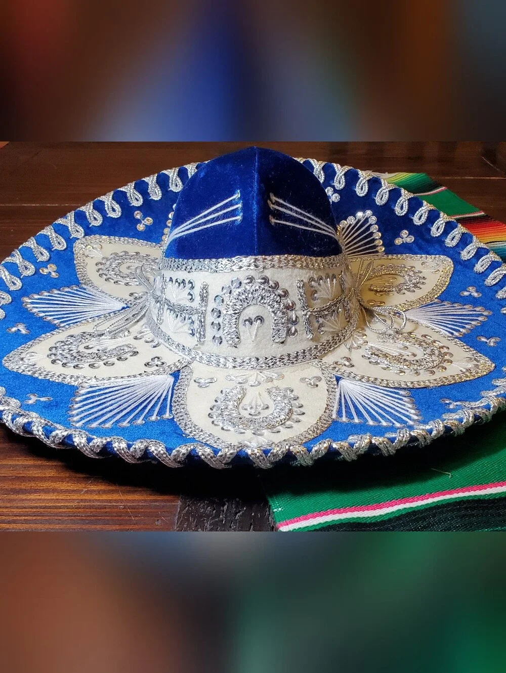Blue Youth Sized Embroidered Mexican Sombrero Hat and Serape